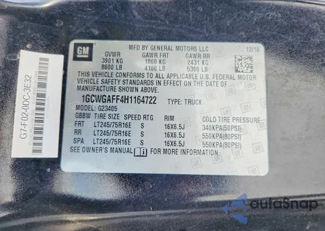 2017 Chevrolet Express G2500 z USA, uszkodzony, nr VIN 1GCWGAFF4H1164722